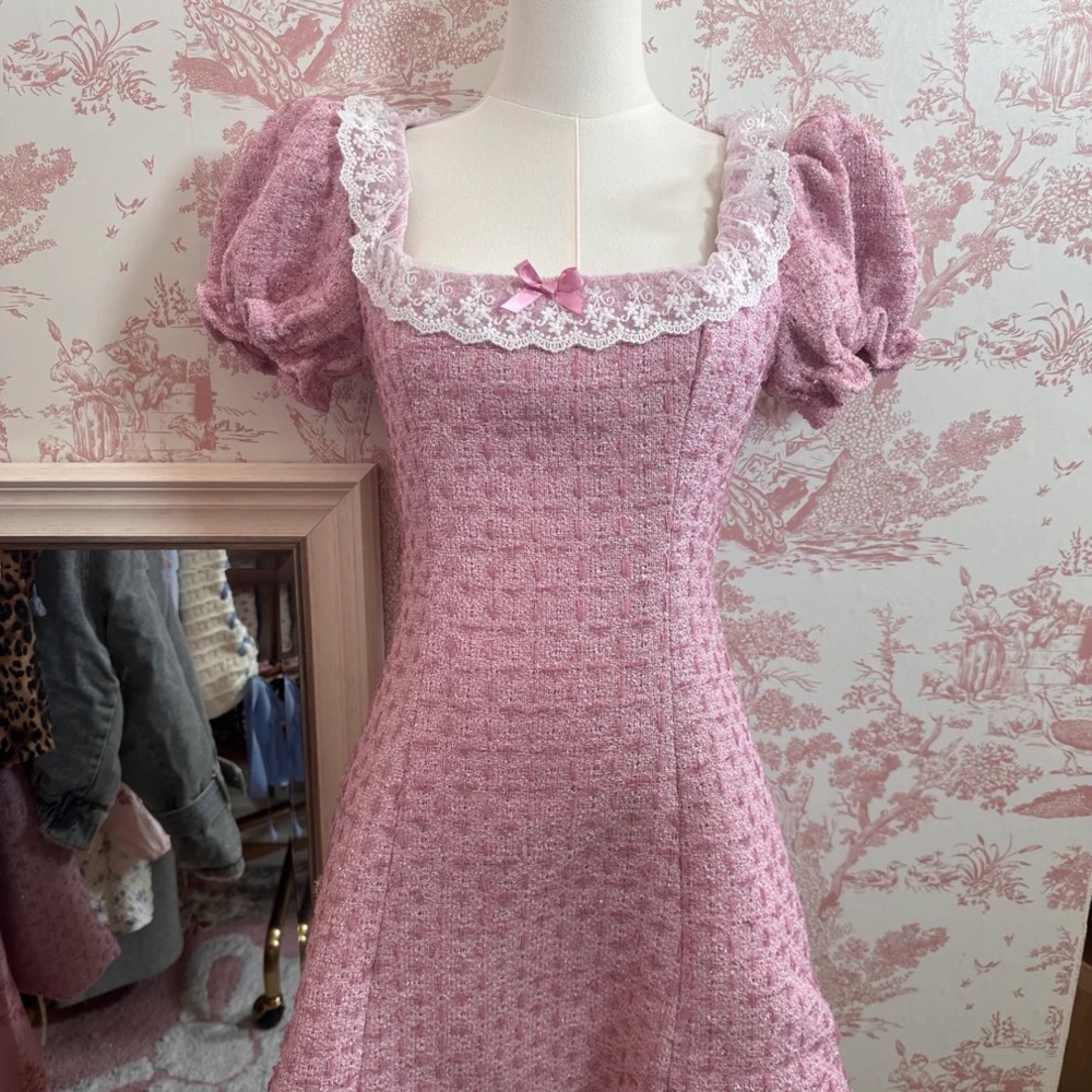 💕🎀 Pink Tweed Bow Puff Sleeve Mini Dress Sofie the Label